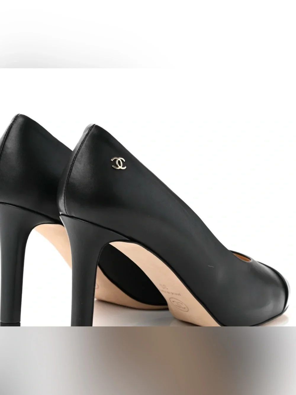 CHANEL Black Leather Logo High Heels Patent Leather Toe Size 39
